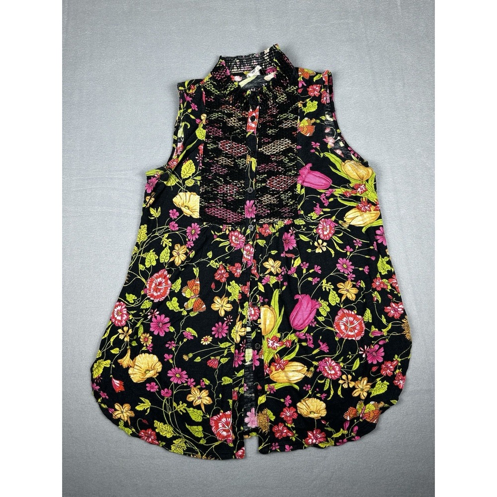 Akemi Kin Anthropologie Button Up Top Small Black Floral Sleeveless Cottagecore